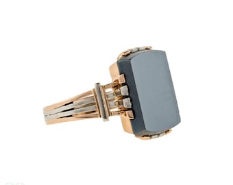 Retro Hematite Statement Ring, Vintage Mid Century French Hallmarked 18ct Rose & White Gold.