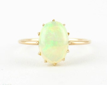 Vintage Opal Solitaire Ring, Conversion 9 Carat Gold Victorian Oval Shape Cabochon Cut White Opal Single Stone Claw Set Ring.