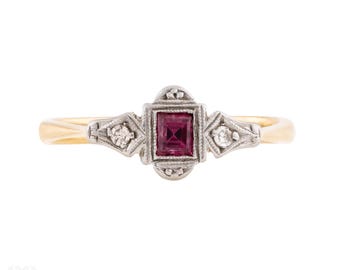 Art Deco Ruby & Diamond Three Stone Ring, 18ct Platinum.