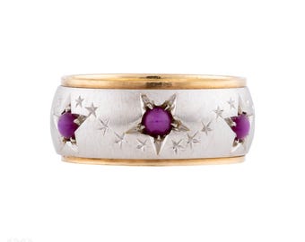 Vintage Star Engraved Wide 14k Gold Ruby Eternity Ring, Size N.5 / 7.