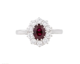 Ruby Diamond Halo Cluster Ring, Vintage 18ct White Gold & Platinum.