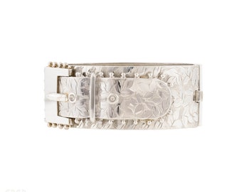 Antique 1880s Sterling Buckle Bangle Bracelet with Ivy Engraving.