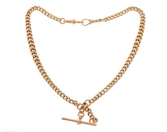 Antique 9ct Gold Albert Chain Necklace, Heavy 44.2g Curb Link 2 Dog-Clips & T-Bar.