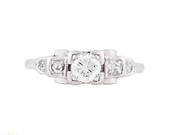 Vintage Stepped Diamond Engagement Ring, 1940s Geometric Design, 0.55 ctw Platinum & 18ct.