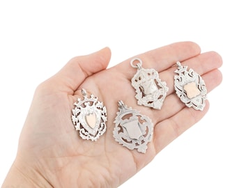 Set of 4 Antique Sterling Silver Fobs, Victorian & Edwardian Pendants.