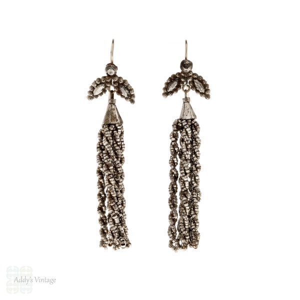 Georgian Cut Steel Tassel Earrings, Antique Long Dangles.