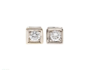 Square Shape Diamond Stud Earrings, Vintage 18ct White Gold 0.20ctw.