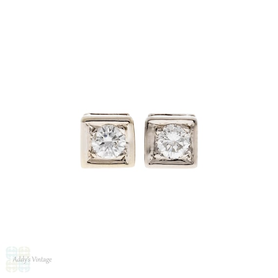 Square Shape Diamond Stud Earrings, Vintage 18ct White Gold