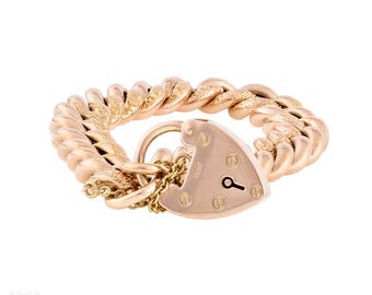 Antique 9ct Rose Gold Day & Night Curb Bracelet with Heart Padlock Clasp (23.7g).
