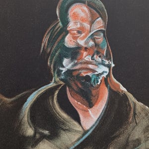May include: Abstract portrait art print. The artwork depicts a face with distorted features, in red, green, and white against a dark background. The subject appears to be wearing a dark coat with blue accents. The style is reminiscent of expressionism.