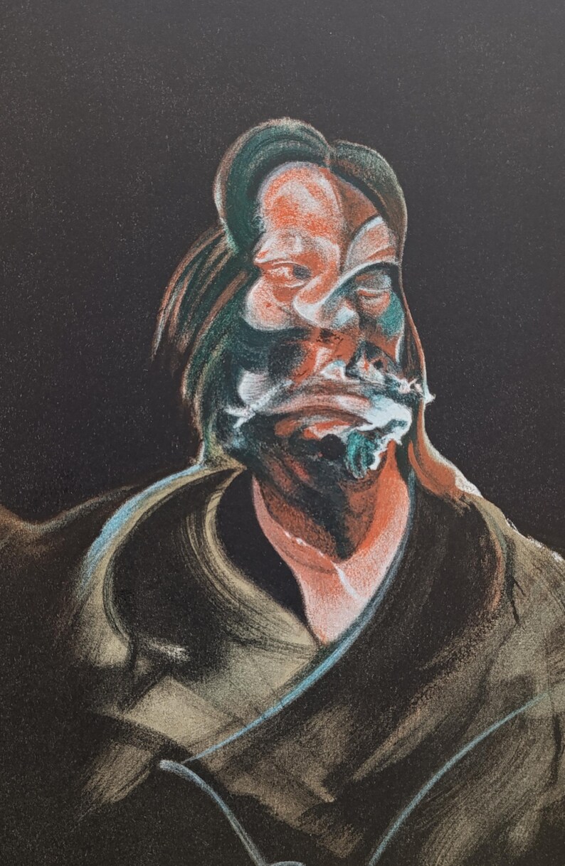 May include: Abstract portrait art print. The artwork depicts a face with distorted features, in red, green, and white against a dark background. The subject appears to be wearing a dark coat with blue accents. The style is reminiscent of expressionism.