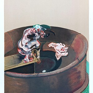 May include: An abstract print featuring a figure in a dark brown circular structure. The figure is rendered in shades of red, white, and gray. A piece of fabric is also visible. The artwork is signed and dated.