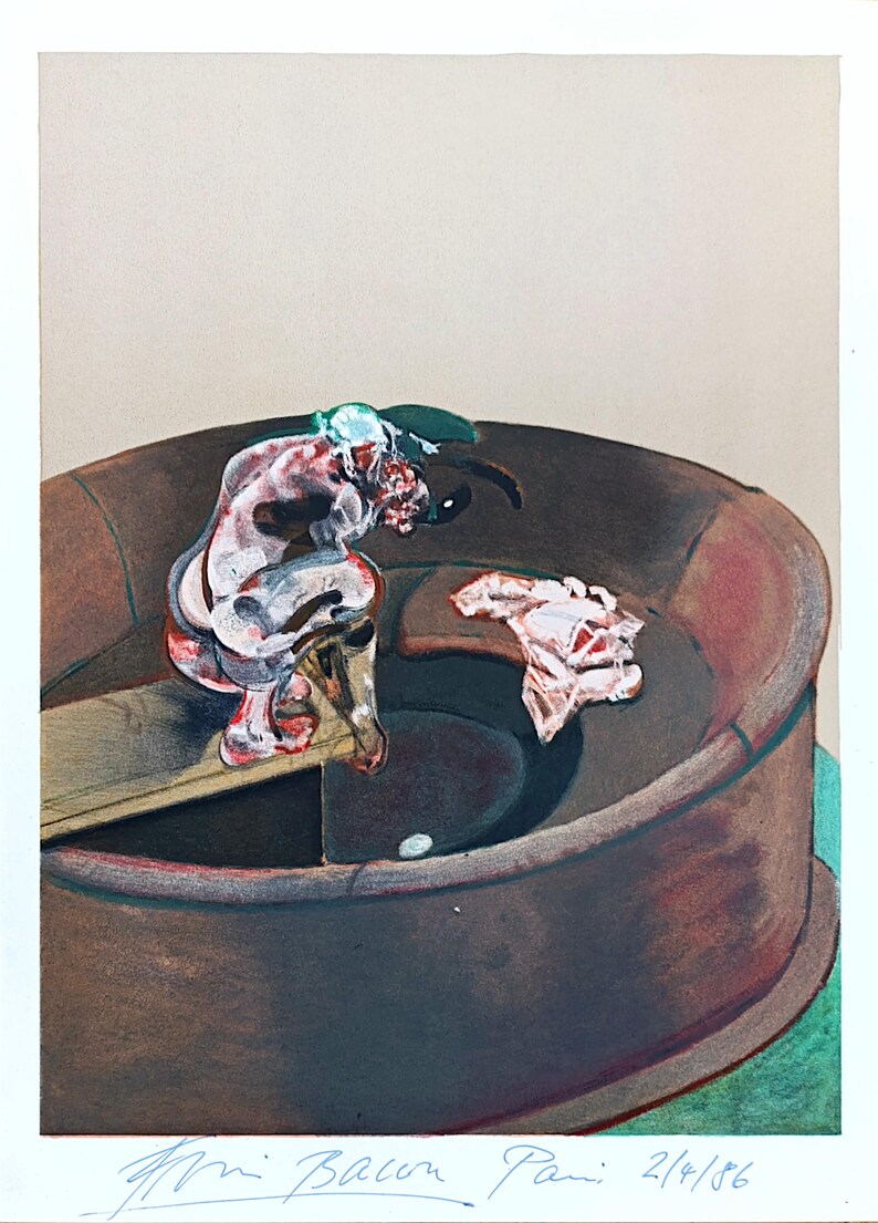 May include: An abstract print featuring a figure in a dark brown circular structure. The figure is rendered in shades of red, white, and gray. A piece of fabric is also visible. The artwork is signed and dated.
