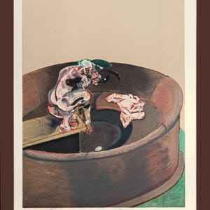 May include: An abstract print featuring a figure in a circular structure. The artwork uses a palette of reds, browns, and greens. The artist's signature and date, 2/4/86, are visible at the bottom. The print is framed with a white border.