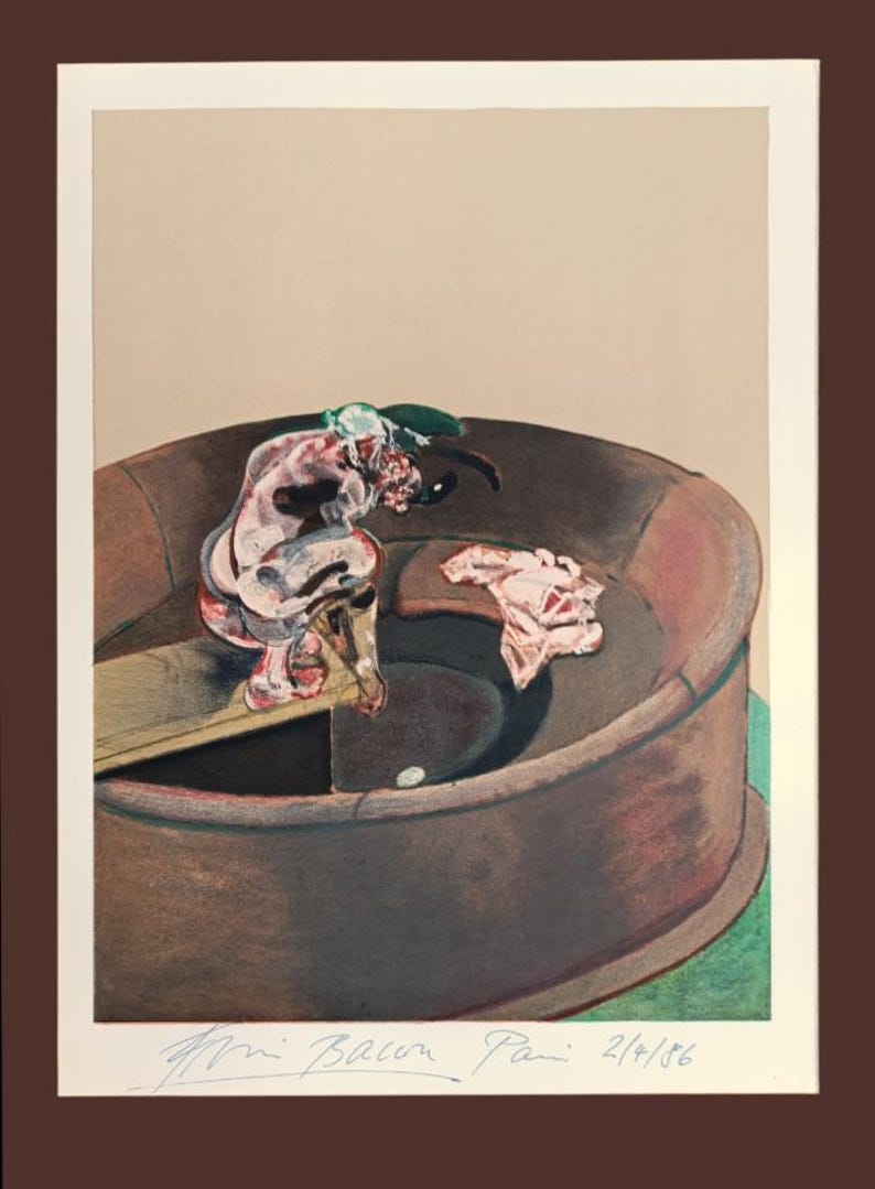 May include: An abstract print featuring a figure in a circular structure. The artwork uses a palette of reds, browns, and greens. The artist's signature and date, 2/4/86, are visible at the bottom. The print is framed with a white border.