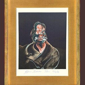 May include: A framed portrait artwork with a dark backdrop. The portrait depicts a distorted face with red, white, and green hues. The artwork is signed and dated, presented within a gold-coloured frame.