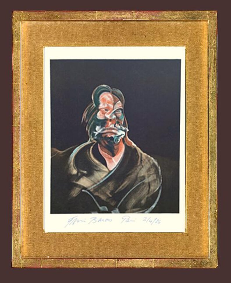 May include: A framed portrait artwork with a dark backdrop. The portrait depicts a distorted face with red, white, and green hues. The artwork is signed and dated, presented within a gold-coloured frame.