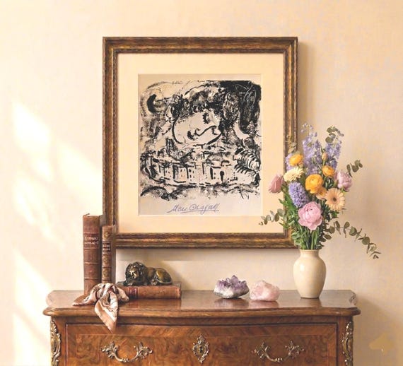 MARC CHAGALL - original lithograph hand signed original lithograph 1957 Marc Chagall - the village - MOURLOT - 199