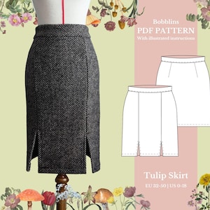 Może przedstawiać: Wzór szycia PDF na spódnicę tulipanową. Wzór zawiera ilustrowane instrukcje i jest dostępny w rozmiarach EU 32-50.