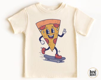 Retro Pizza Skateboarding Kids Shirt, Funny Skater Tee for Toddler Boys Girls, Cool Pizza Lover Gift, Vintage Skate Tee