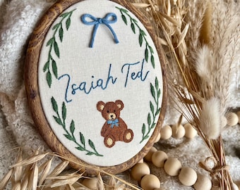 Personalized Teddy Bear Embroidery Hoop – Hand-Stitched Nursery Decor