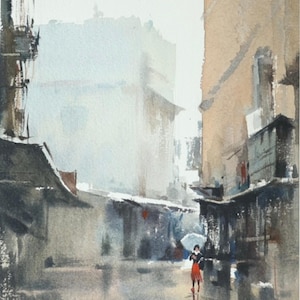 Original Watercolor Painting – Foggy Urban Street with Umbrella – 7x9.5&quot; Artwork