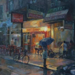 Original Oil Painting – Rainy City Street at Night – 16x20" Urban Reflections Scene