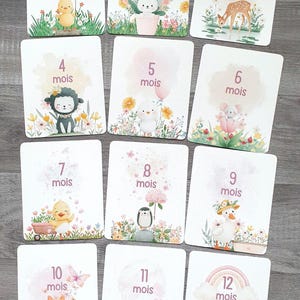 Può includere: Set di dodici biglietti per le tappe fondamentali del bambino, ognuno con un mese e una simpatica illustrazione di animali. Le carte hanno una morbida tavolozza di colori pastello con accenti floreali, ideali per il primo anno del bambino.