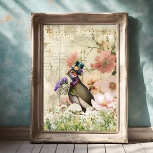 Cottagecore Bird Poster Flowers - Digital Download - Wall Art