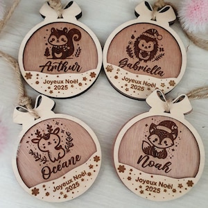 Pallina di Natale personalizzata con nome inciso in legno, decorazione per l&#39;albero con simpatici animali