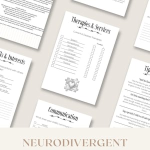 May include: A bundle of printable guides for neurodivergent children, featuring checklists for therapies, interests, and communication. Includes a user guide and resources for doctors and respite care. The title "NEURODIVERGENT GUIDE BUNDLE" is displayed.