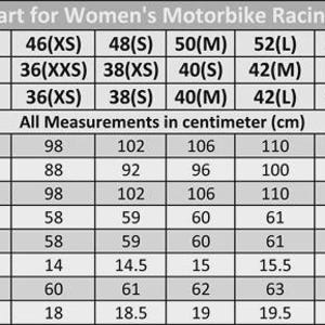 Puede incluir: Tabla de tallas para chaquetas de carreras de motos para mujer. La tabla incluye medidas en cent&iacute;metros para pecho, cintura, bajo, largo delantero y trasero, ancho de hombros, largo de manga y pu&ntilde;o. Tallas de XS a 4XL.