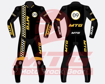 Black & Gold Leather Motorcycle Racing Suit, Retro Biker Outfit, Vintage Style Riding Gear, Men’s Track Suit