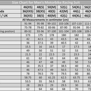 May include: A size chart for men's motorbike racing suits, displaying measurements in centimeters. The chart includes sizes from 46(XS) to 60(4XL), with measurements for chest, waist, hip, and other dimensions.