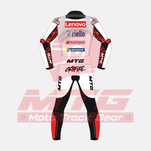 May include: A white and black motorcycle racing suit with red accents. The suit features sponsor logos including "Lenovo", "riello", and "Michelin". The text "GO FREE" is printed on the front. The suit is designed for Moto Track Gear.