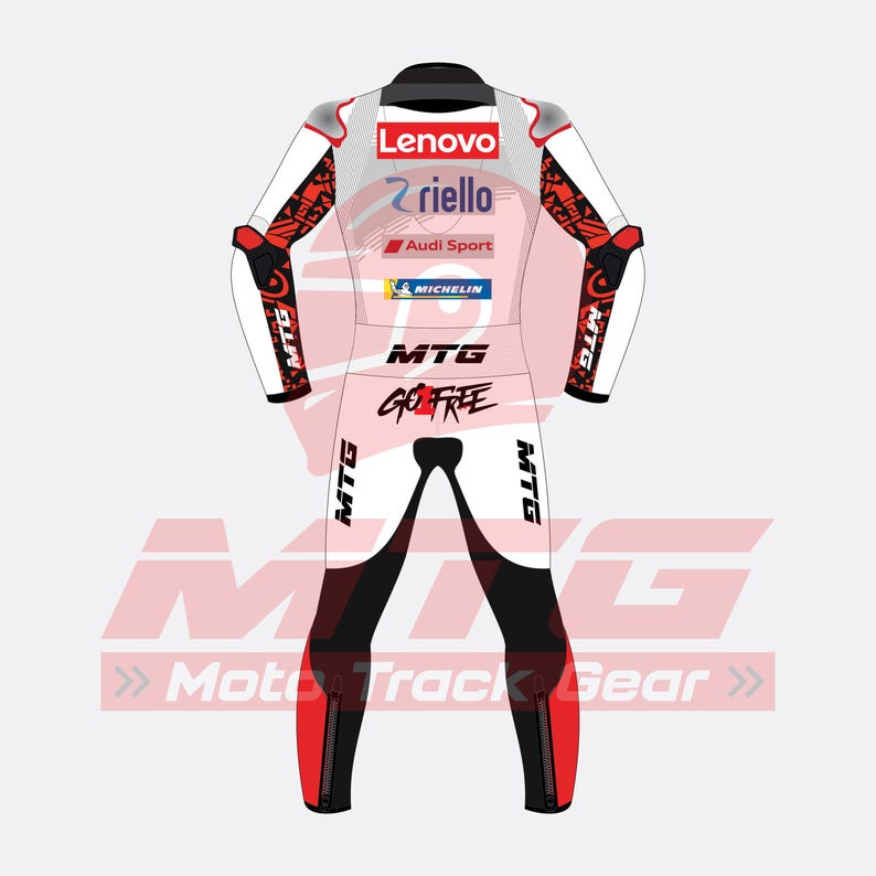 May include: A white and black motorcycle racing suit with red accents. The suit features sponsor logos including "Lenovo", "riello", and "Michelin". The text "GO FREE" is printed on the front. The suit is designed for Moto Track Gear.