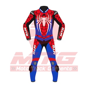 May include: A red, blue, and black motorcycle racing suit with a white spider emblem on the chest. The suit has the text "MTG" on the arms and legs. The words "Moto Track Garments" are at the bottom.