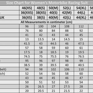 May include: A size chart for women's motorbike racing suits, with measurements in centimeters. The chart includes sizes from 46(XS) to 60(4XL), with measurements for chest, waist, collar, shoulder, sleeve length, and more.