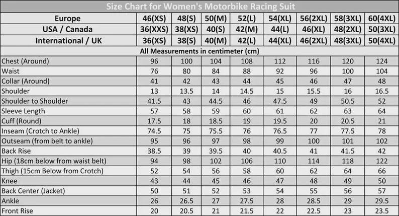 May include: A size chart for women's motorbike racing suits, with measurements in centimeters. The chart includes sizes from 46(XS) to 60(4XL), with measurements for chest, waist, collar, shoulder, sleeve length, and more.