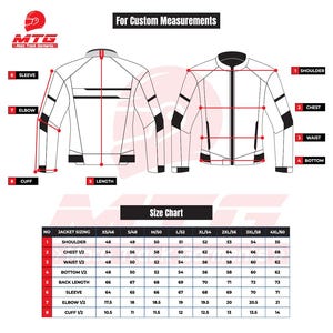 Puede incluir: Diagrama de una chaqueta de moto con puntos de medici&oacute;n etiquetados. La imagen incluye una tabla de tallas con medidas en cent&iacute;metros para hombro, pecho, cintura, bajo, largo de espalda, manga, codo y pu&ntilde;o.