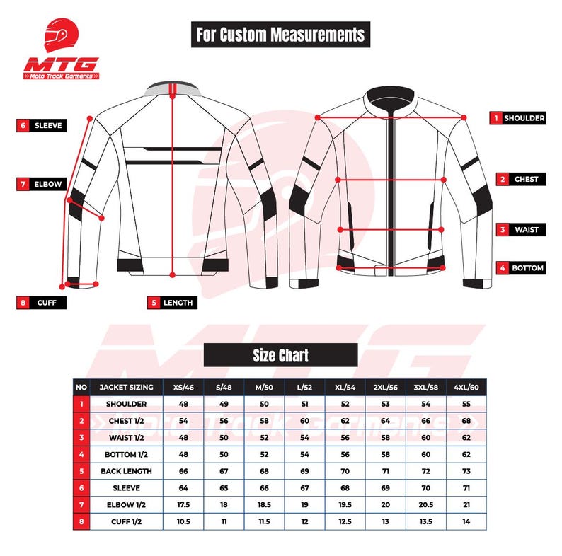 Puede incluir: Diagrama de una chaqueta de moto con puntos de medici&oacute;n etiquetados. La imagen incluye una tabla de tallas con medidas en cent&iacute;metros para hombro, pecho, cintura, bajo, largo de espalda, manga, codo y pu&ntilde;o.