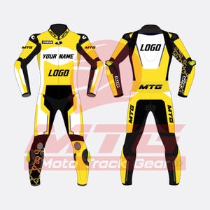 May include: A yellow and black motorcycle racing suit with white accents. The suit features the text "YOUR NAME" and "LOGO" on the front, and "MTG" branding. The suit has a sponsor logo and decorative patterns on the arms and legs.