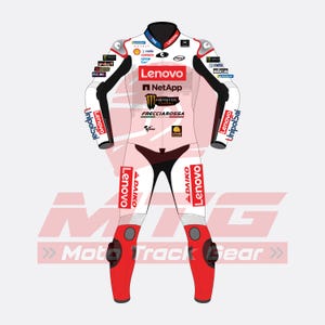 May include: A white and red racing suit with black accents, featuring sponsor logos such as Lenovo, NetApp, and Monster Energy. The suit has a high collar and red accents on the legs and shoulders. The text "FRECCIAROSSA" is visible.