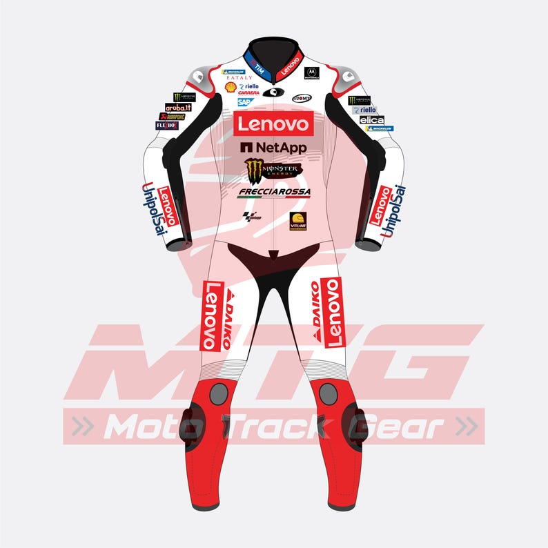 May include: A white and red racing suit with black accents, featuring sponsor logos such as Lenovo, NetApp, and Monster Energy. The suit has a high collar and red accents on the legs and shoulders. The text "FRECCIAROSSA" is visible.