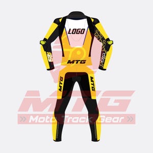 May include: A yellow and black motorcycle racing suit with the text "LOGO" and "MTG" printed on it. The suit has a streamlined design with black accents on the arms, legs, and shoulders. The suit also features the text "Moto Track Gear".