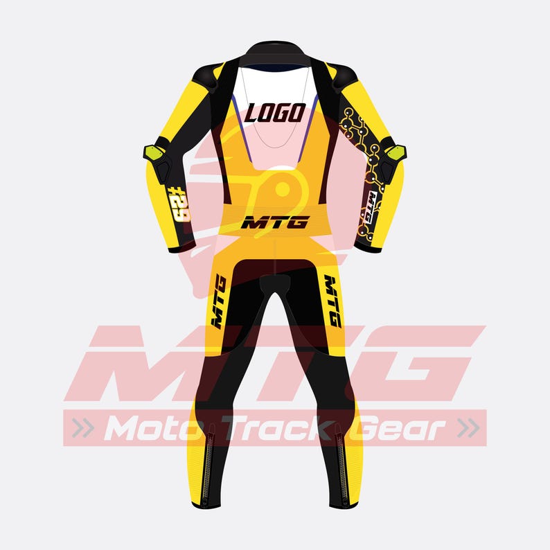 May include: A yellow and black motorcycle racing suit with the text "LOGO" and "MTG" printed on it. The suit has a streamlined design with black accents on the arms, legs, and shoulders. The suit also features the text "Moto Track Gear".