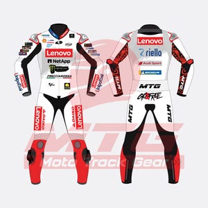 May include: A white and black racing suit with red accents, featuring sponsor logos like Lenovo, Monster, and Frecciarossa. The suit has a streamlined design with the text "GOFREE" on the back, and is designed for motorcycle racing.