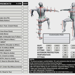 May include: A diagram for body measurements in centimeters, with a male figure illustrating measurement points. Includes a chart with measurement names like wrist, chest, and waist. Also includes customization notes and fitting options.