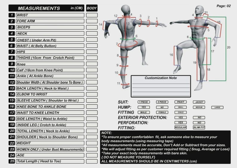 May include: A diagram for body measurements in centimeters, with a male figure illustrating measurement points. Includes a chart with measurement names like wrist, chest, and waist. Also includes customization notes and fitting options.