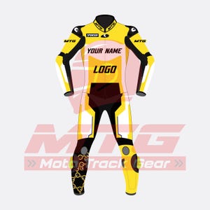 May include: Yellow and black motorcycle racing suit with white accents. The suit features the text "YOUR NAME" and "LOGO" on the chest, with "MTG" branding on the shoulders and arms. The suit has a sponsor logo and a geometric design on the lower legs.